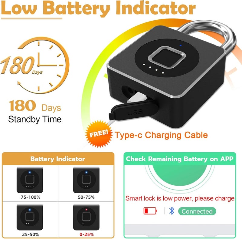 Pothunder Fingerprint Padlock with APP, Keyless Biometric Lock, Smart Waterproof Padlock Suitable for Gym, Locker, Gates, Fence and Storage - Image 5